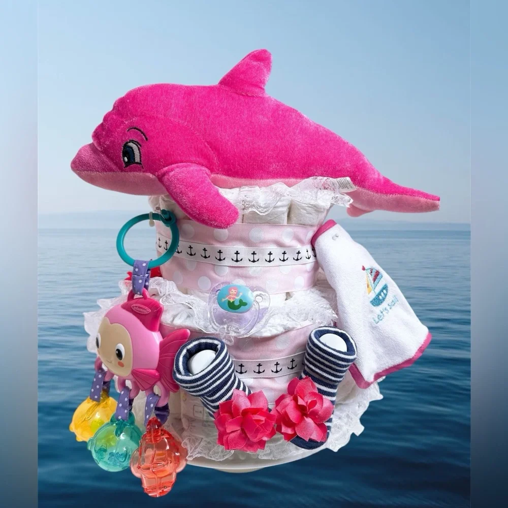 Nautical Dolphin Baby Girl Diaper Cake